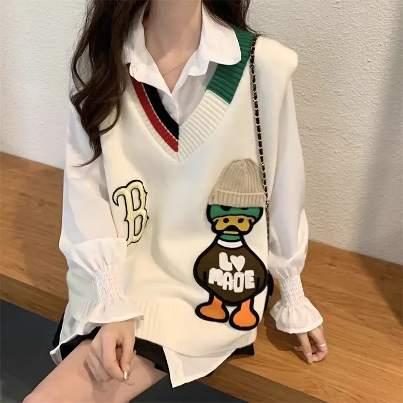 Cartoon Color Block V-Neck Loose Sweater Vest