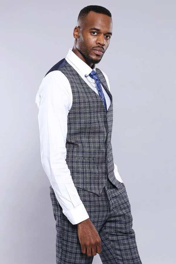 Checked Navy Blue Men Vest - Wessi