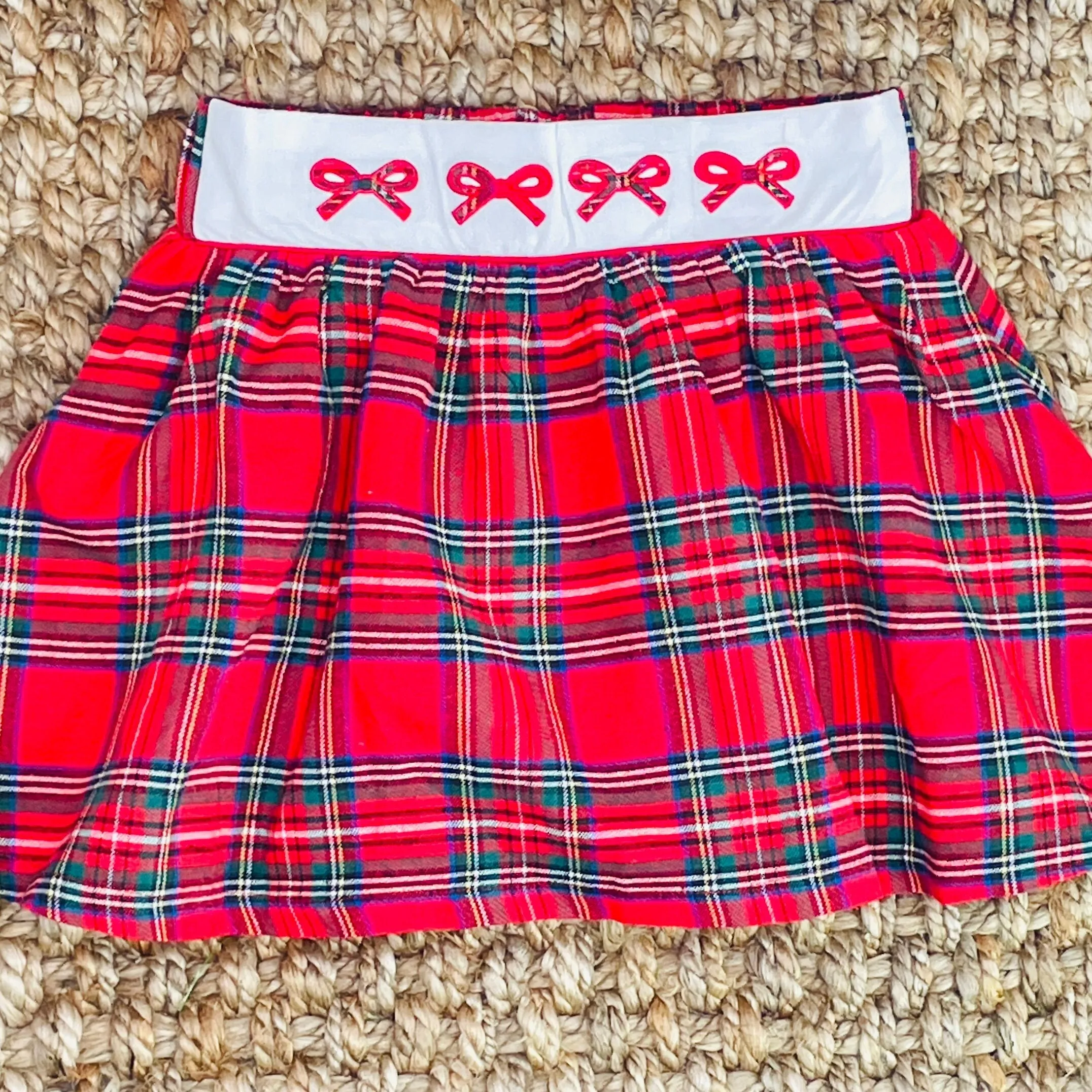 Christmas Plaid Girls Skirt with Embroidered Bows