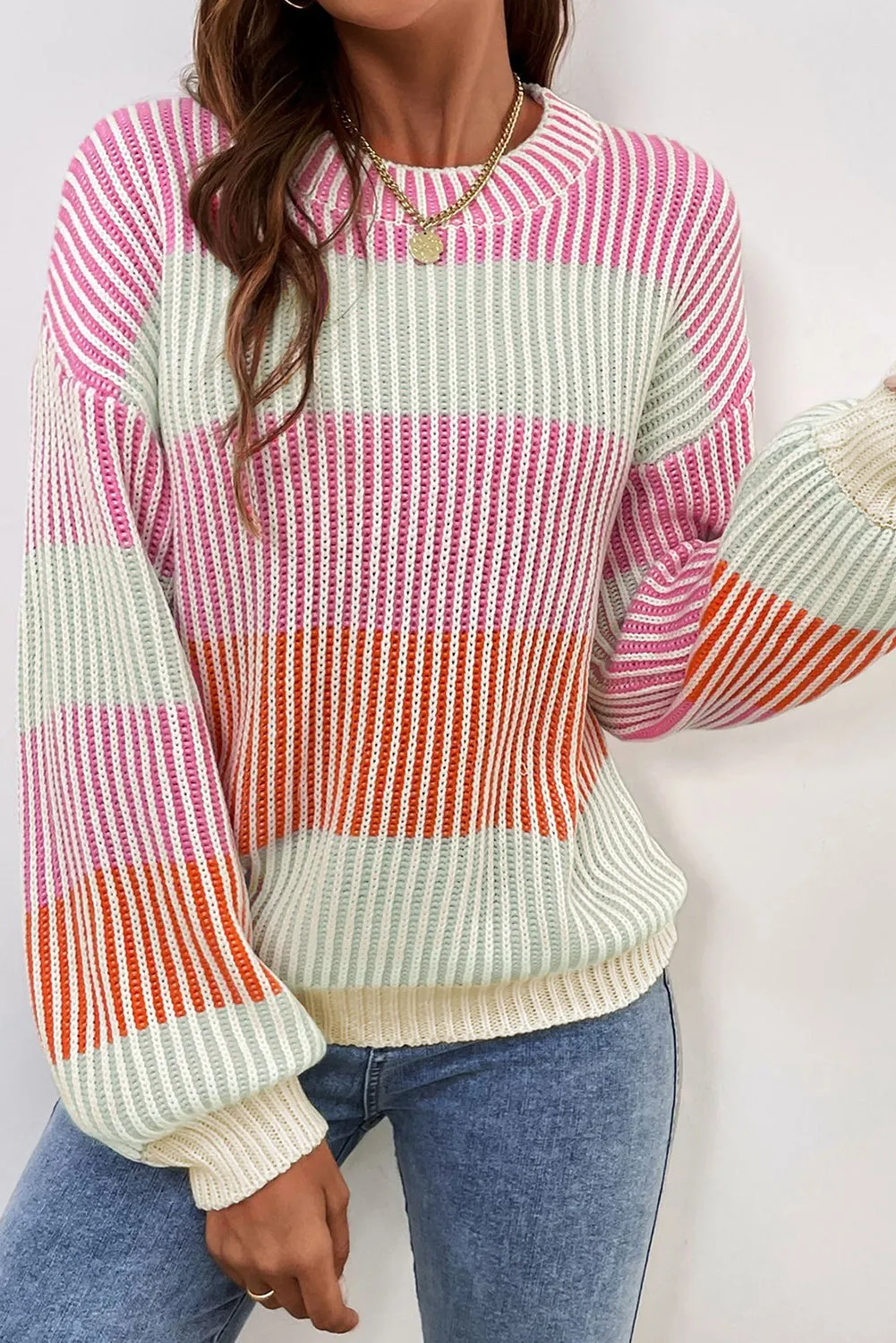 Colorblock Stripe Bubble Sleeve Sweater