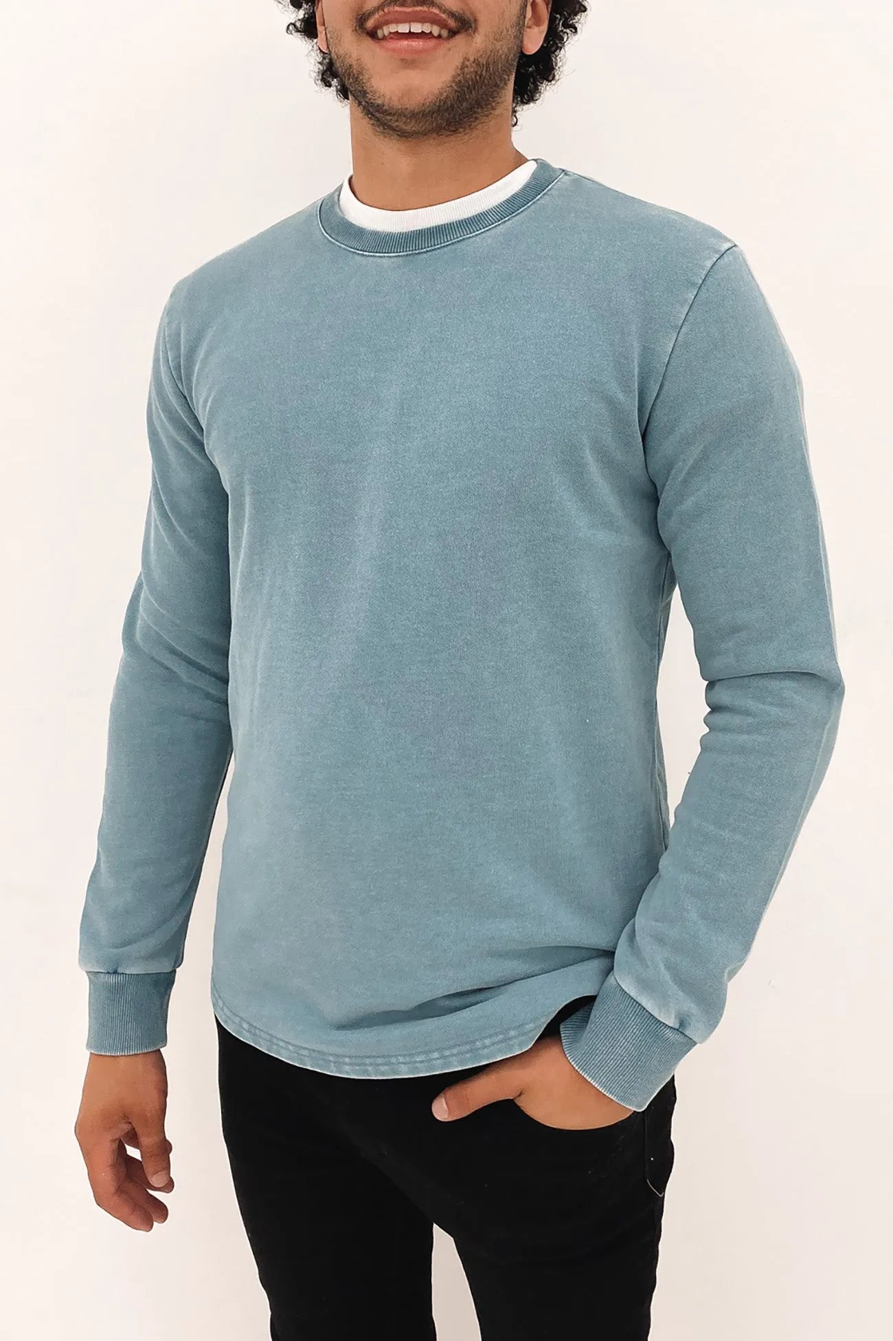 Curved Hem Crew Washed Blue