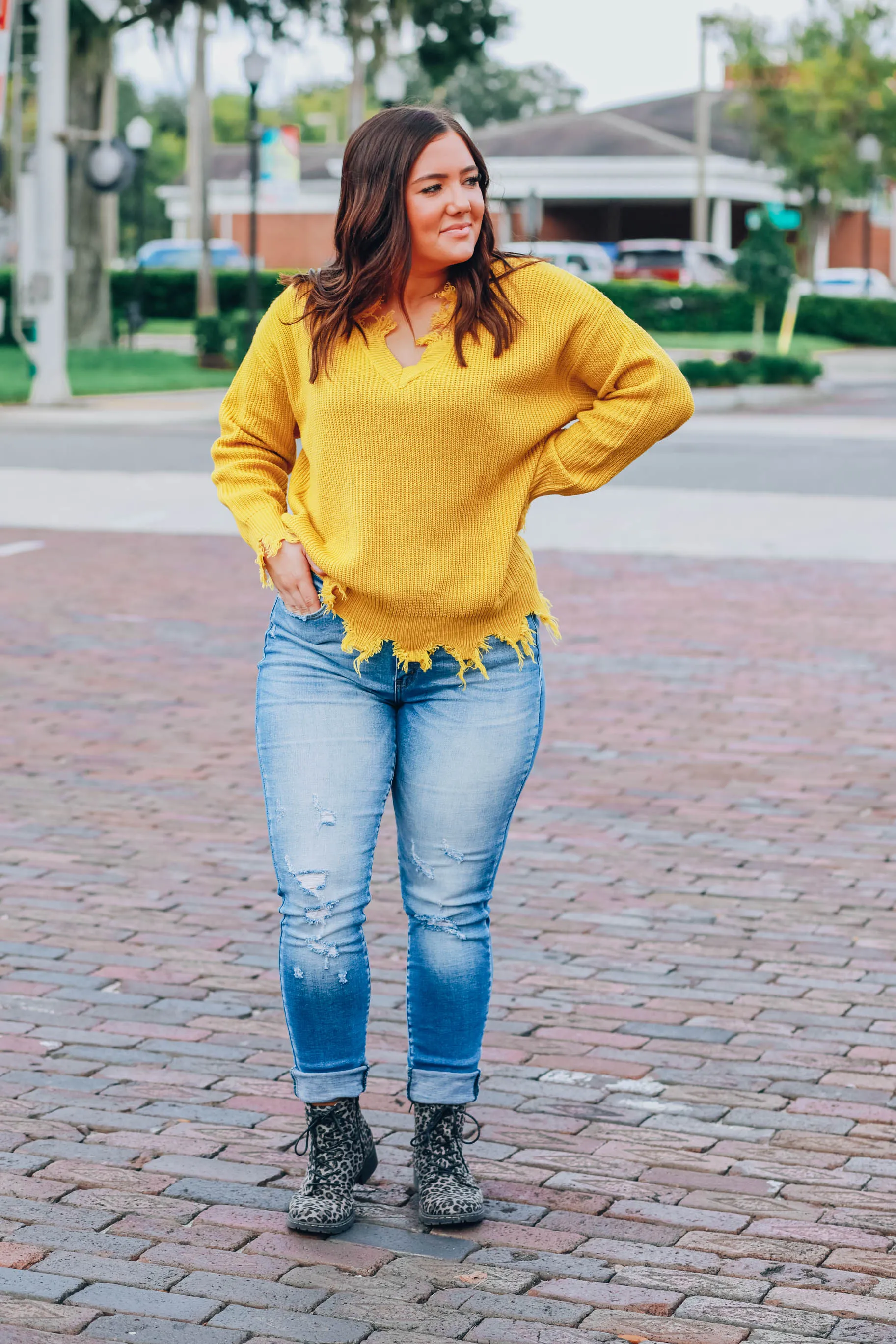 Dara Distressed Sweater - Mustard S-3X