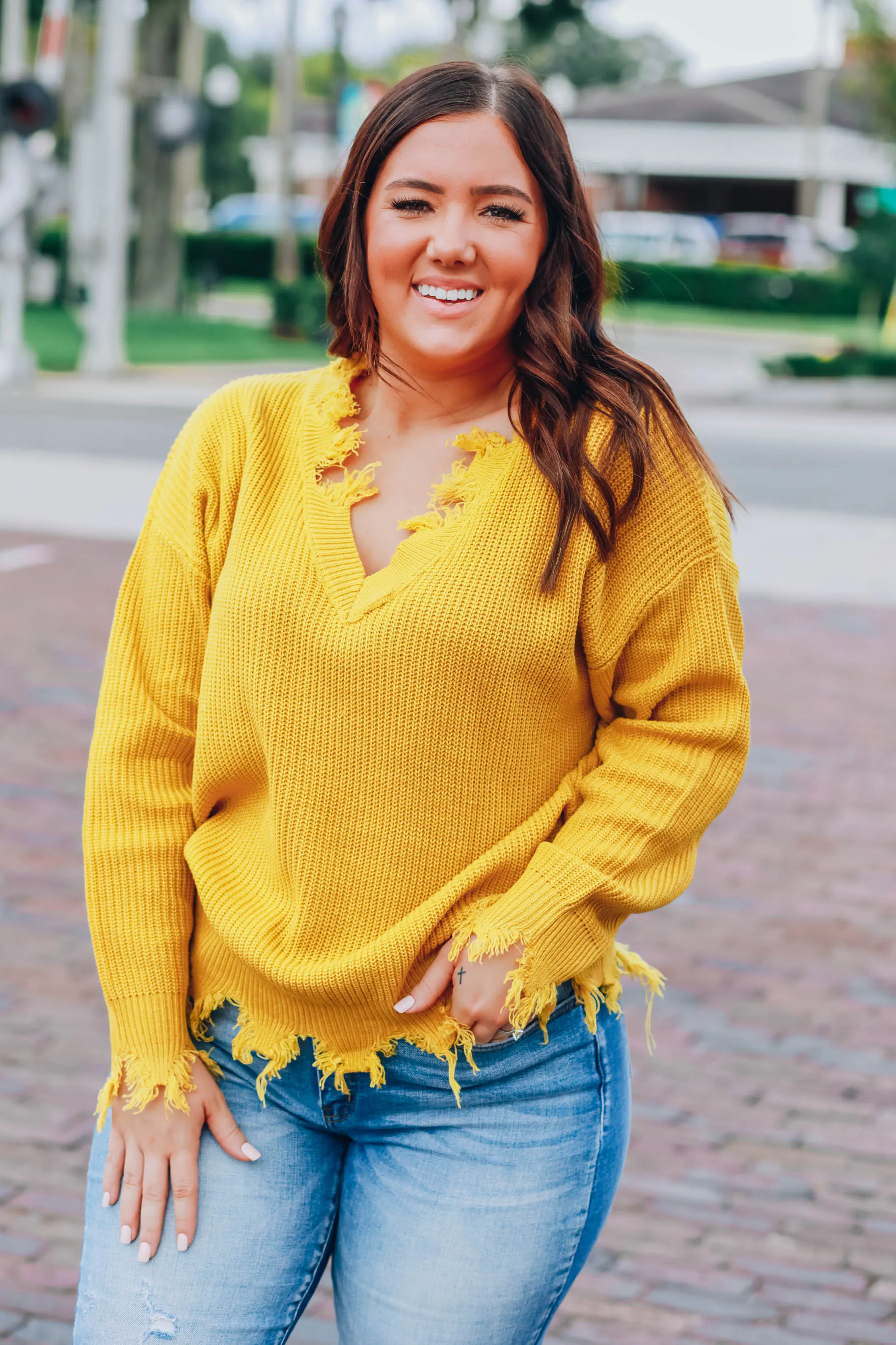 Dara Distressed Sweater - Mustard S-3X