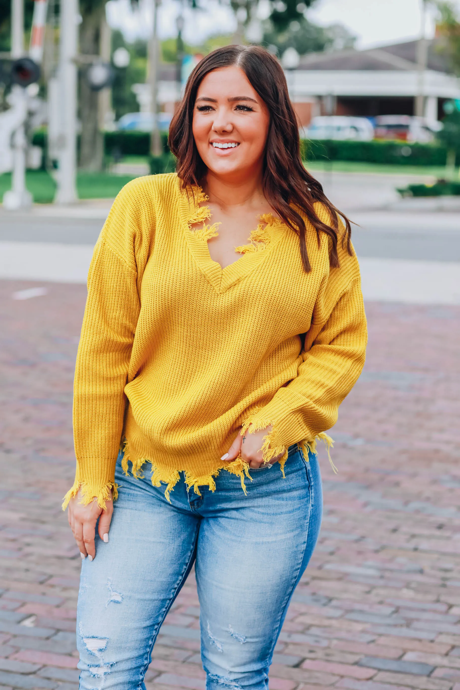 Dara Distressed Sweater - Mustard S-3X