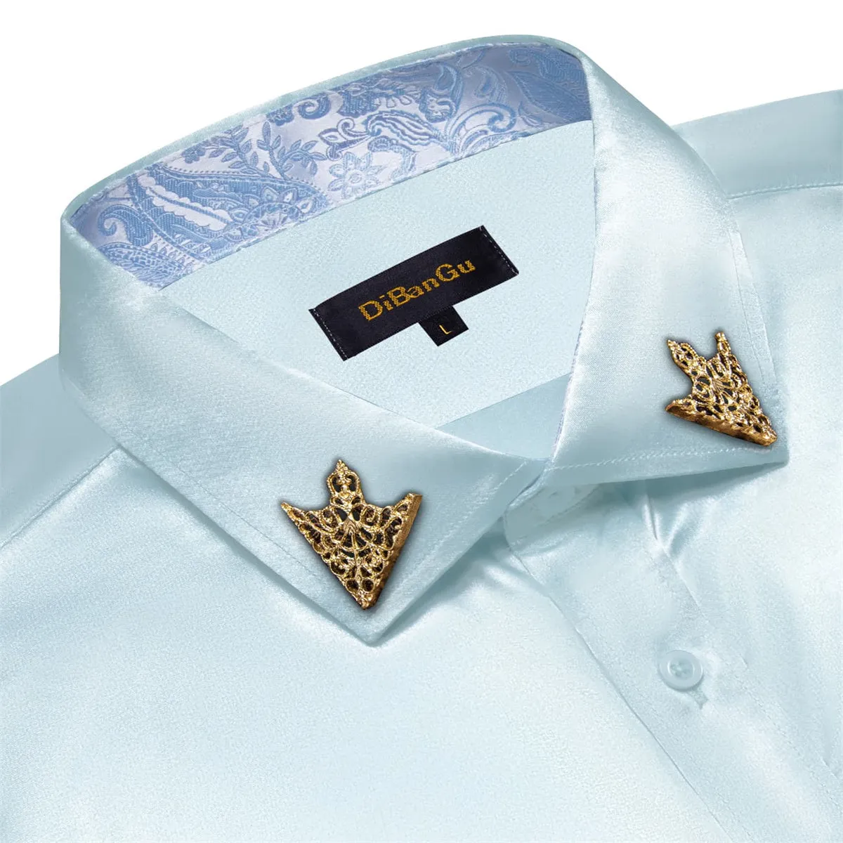 DiBanGu Tuxedo Shirt Pastel Blue Solid Satin Silk Button Up Long Sleeve Men's Dress Shirt