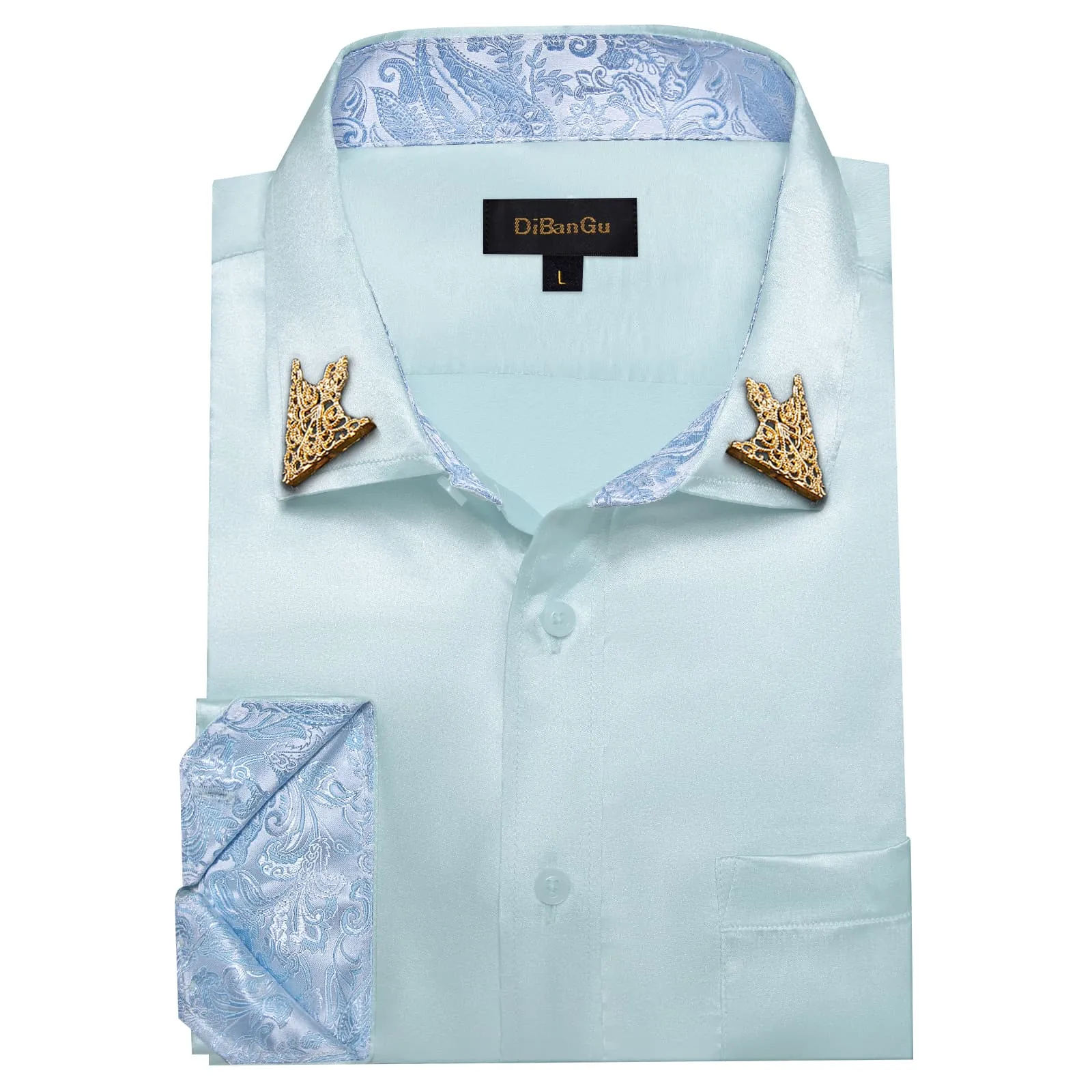 DiBanGu Tuxedo Shirt Pastel Blue Solid Satin Silk Button Up Long Sleeve Men's Dress Shirt