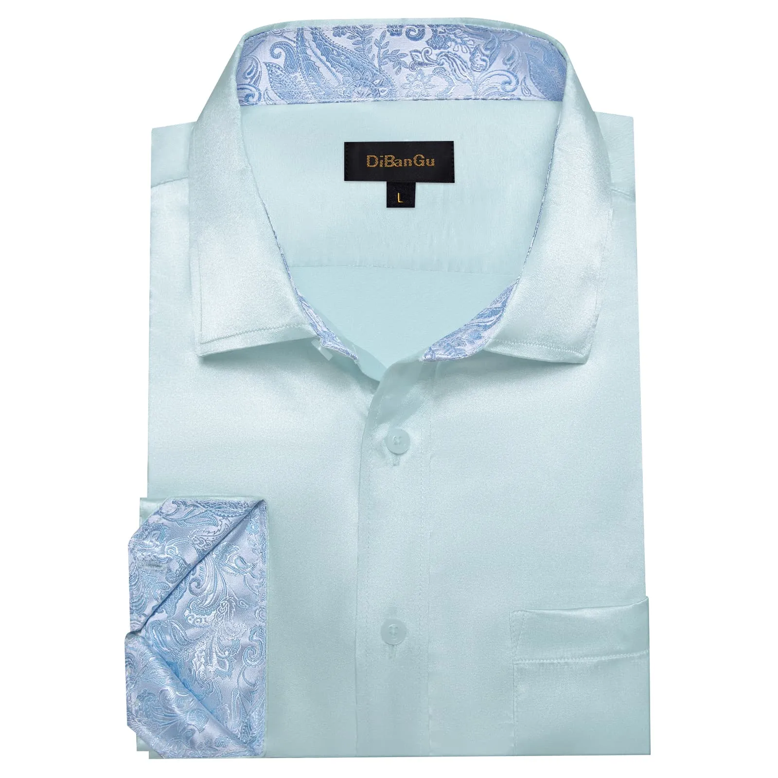 DiBanGu Tuxedo Shirt Pastel Blue Solid Satin Silk Button Up Long Sleeve Men's Dress Shirt