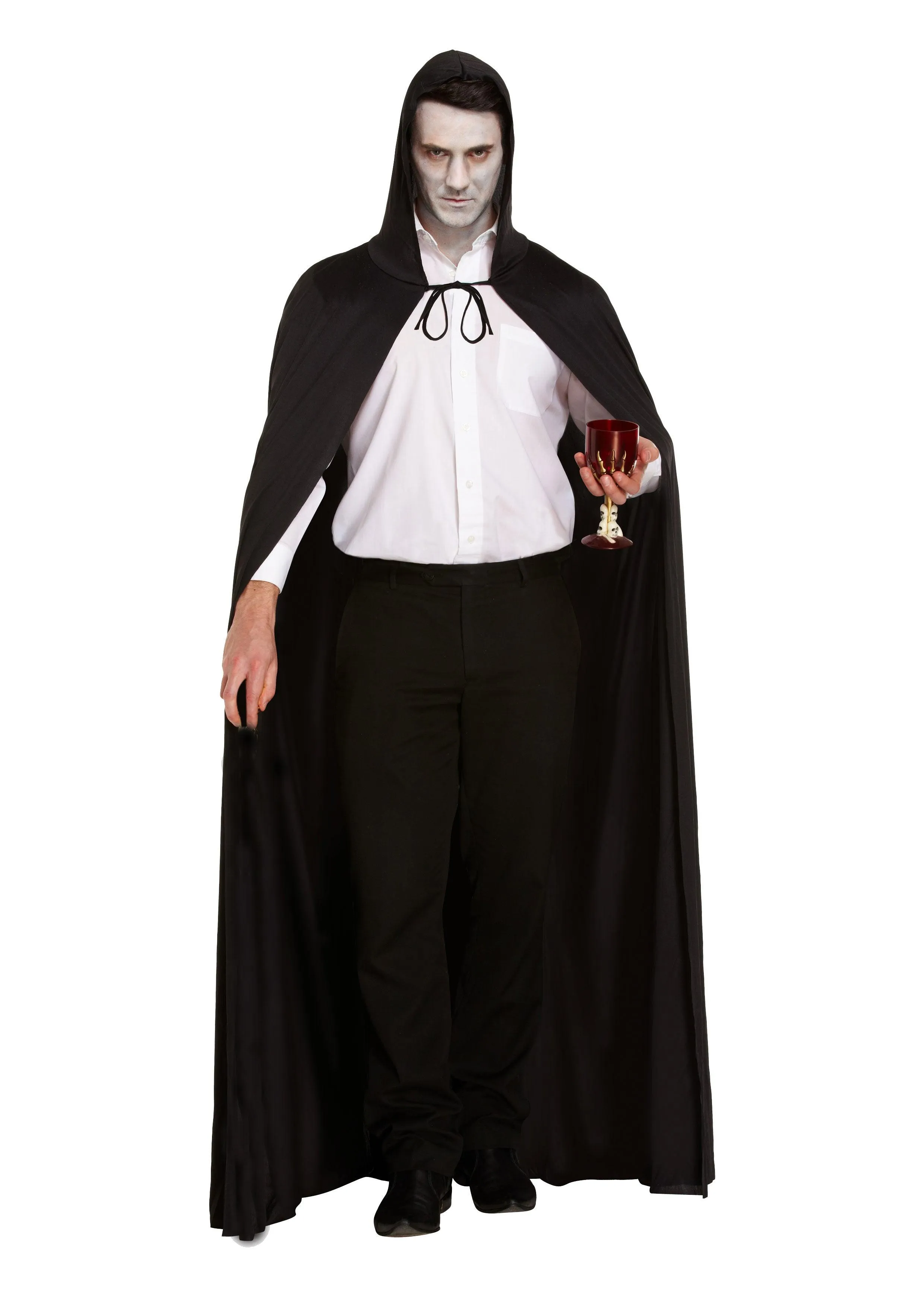 Eerie Nightmarescape Costume Set: Long Black Cape, Hood, White Skeleton Face Mask, and Plastic Scythe