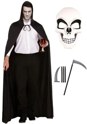 Eerie Nightmarescape Costume Set: Long Black Cape, Hood, White Skeleton Face Mask, and Plastic Scythe