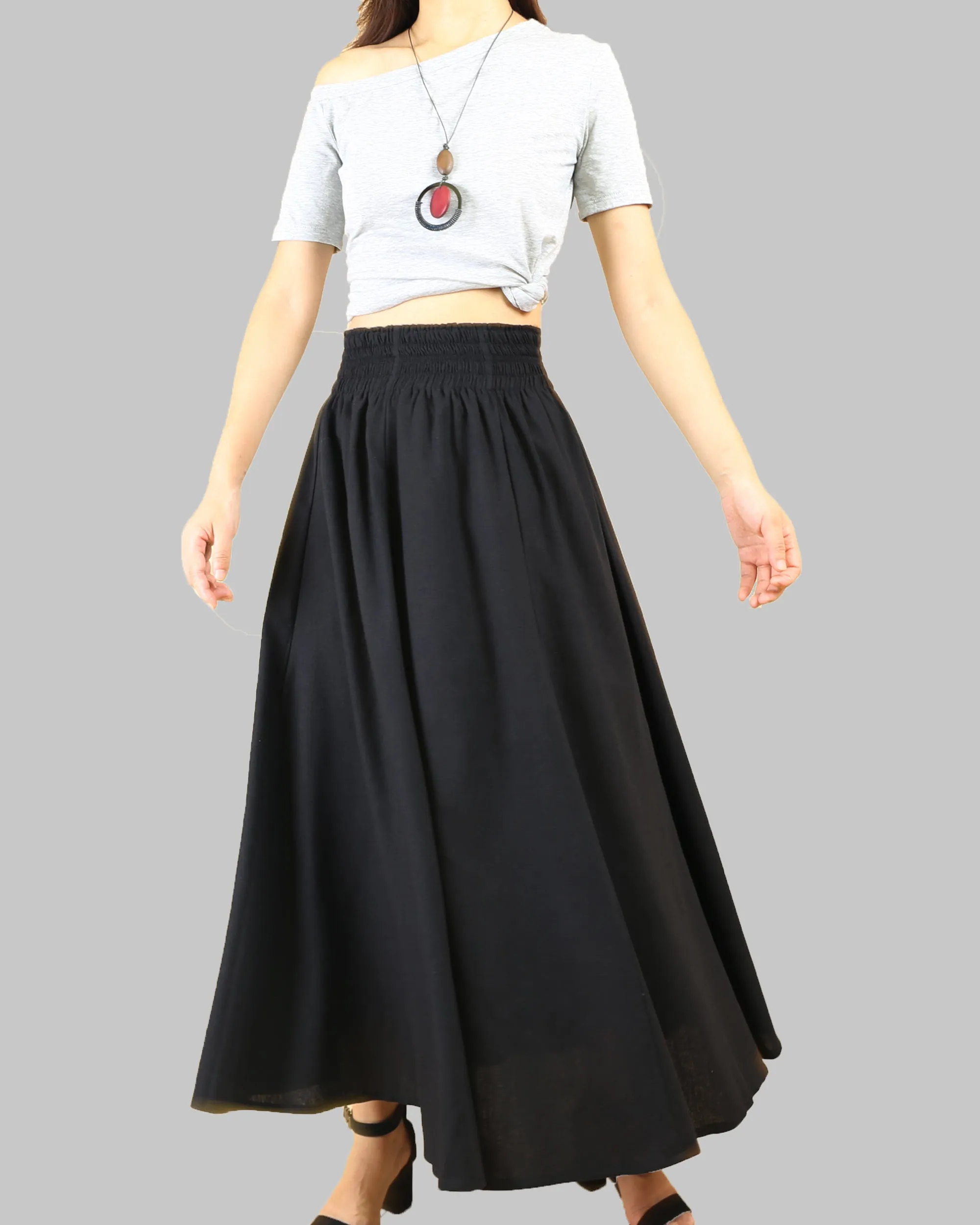 Elastic waist skirt, high waist skirt, linen skirt, maxi skirt, long skirt, flared skirt(Q1989)