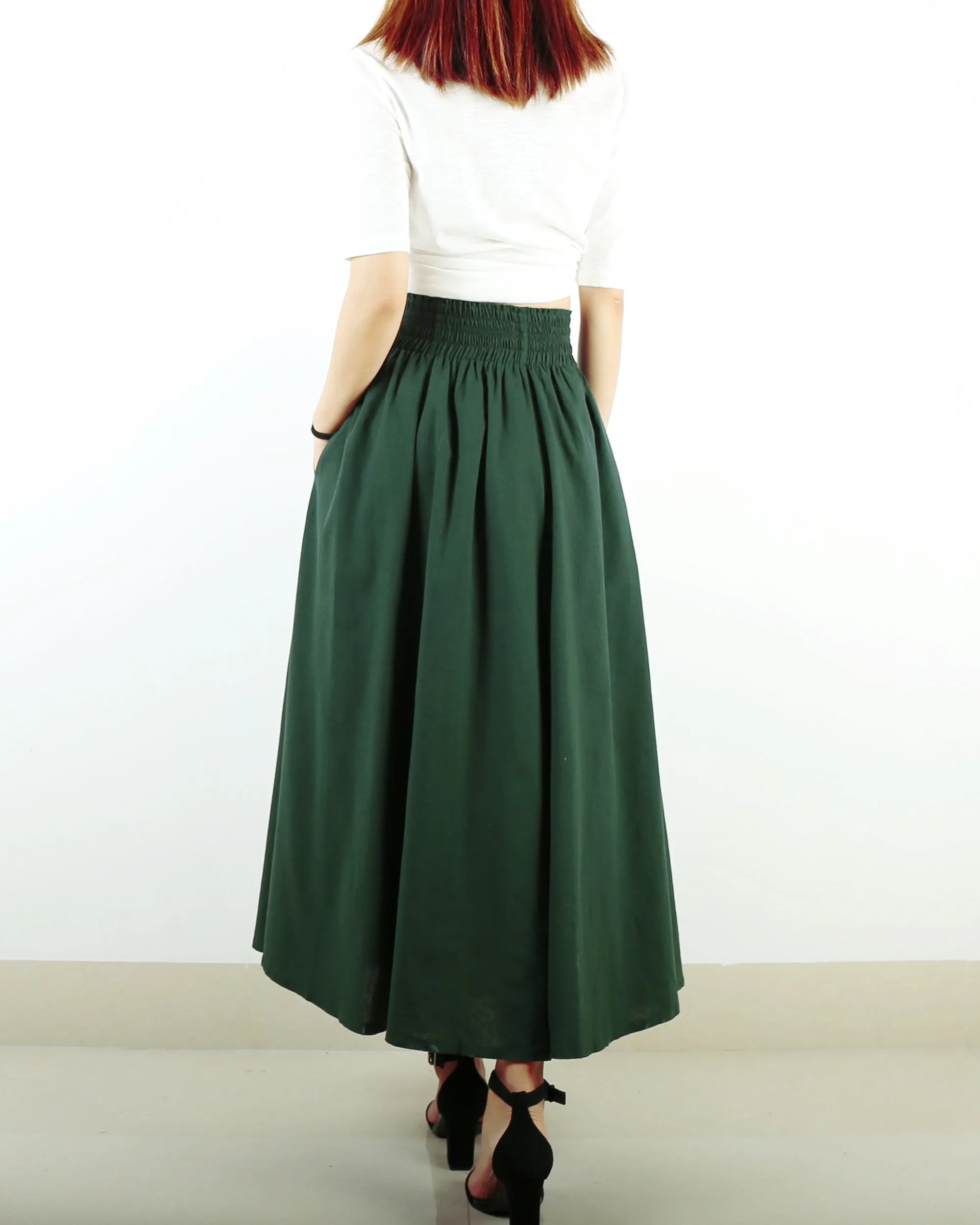 Elastic waist skirt, high waist skirt, linen skirt, maxi skirt, long skirt, flared skirt(Q1989)