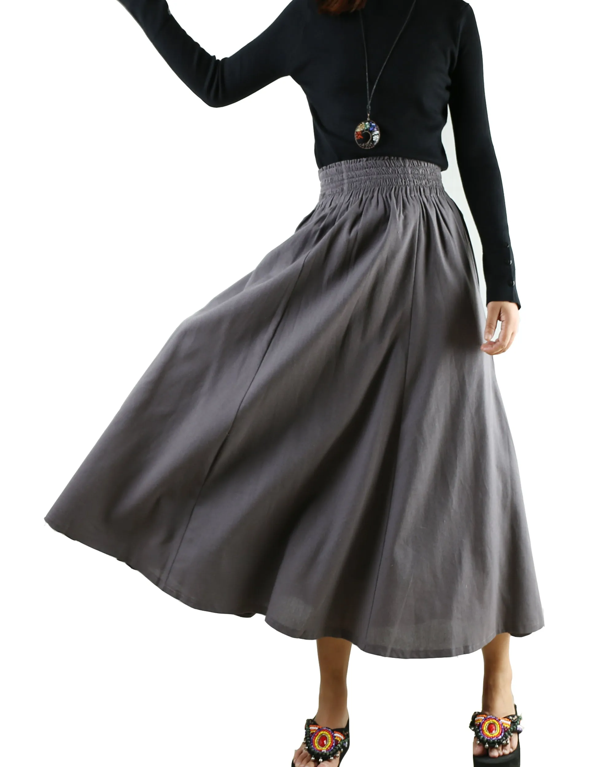 Elastic waist skirt, high waist skirt, linen skirt, maxi skirt, long skirt, flared skirt(Q1989)