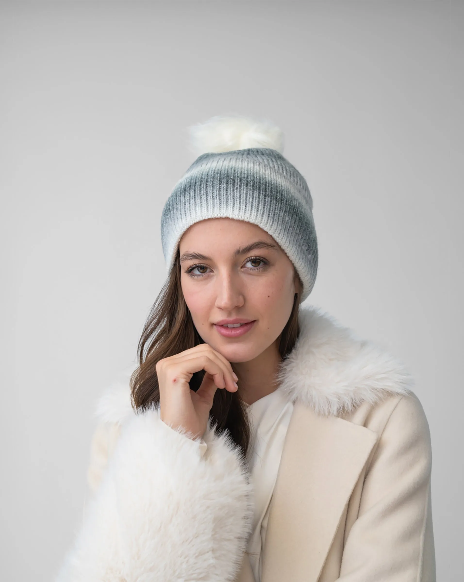 FINAL SALE - Ombre Stripe Faux Fur Pom-Pom Hat