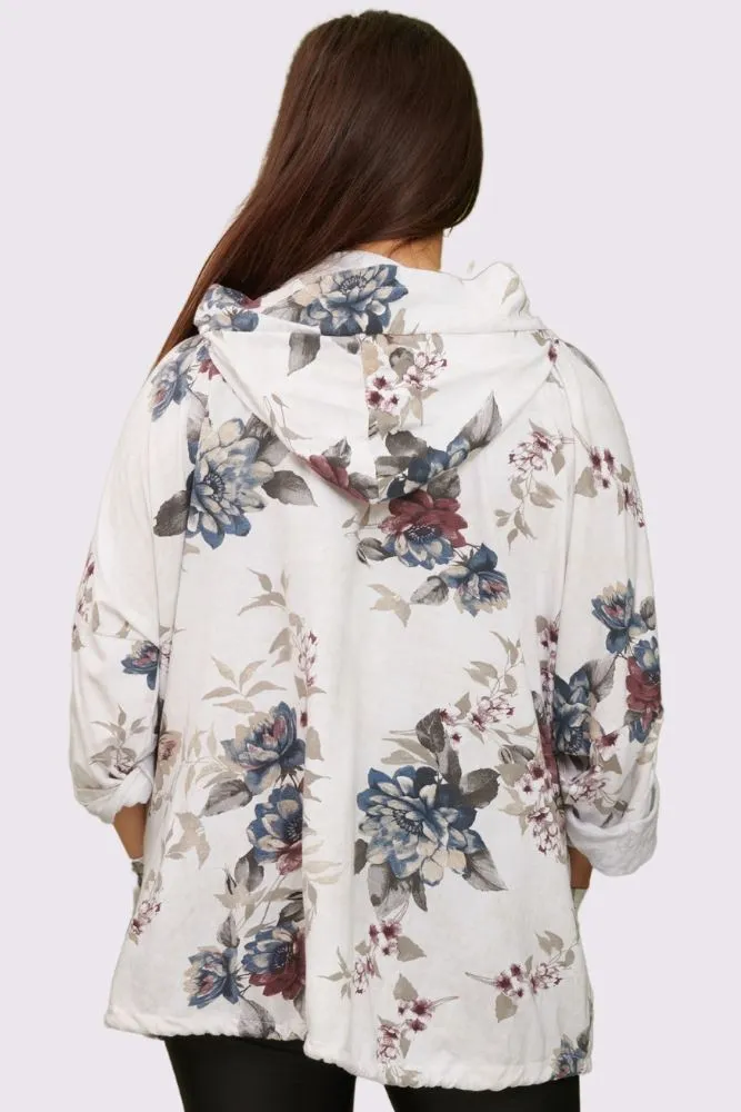 Floral Print Drawstring Hem Zip Up Cotton Hoody