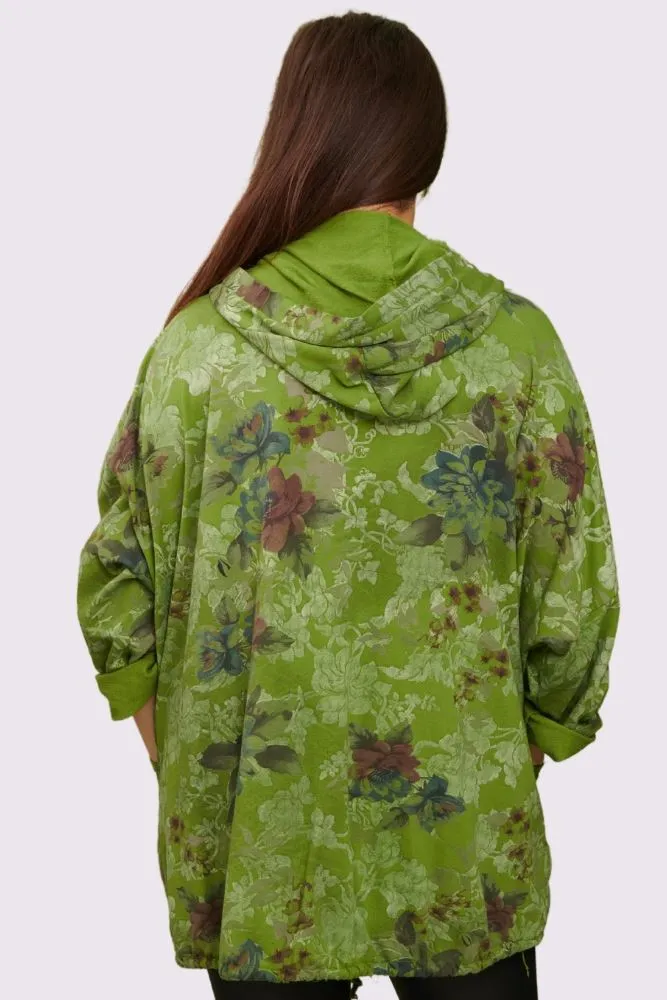 Floral Print Drawstring Hem Zip Up Cotton Hoody