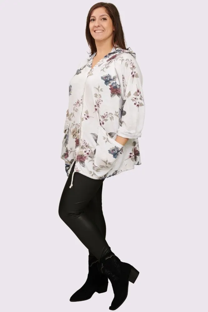 Floral Print Drawstring Hem Zip Up Cotton Hoody