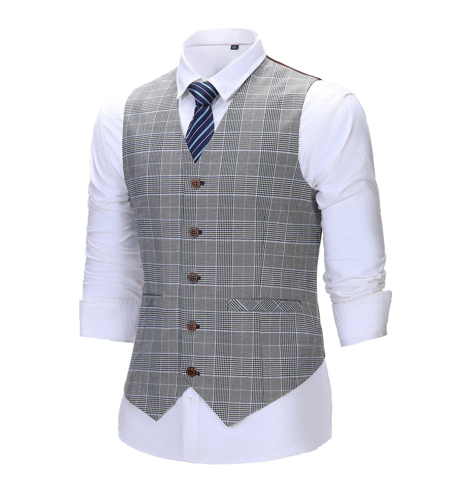 Formal Men's Suit Vest Plaid V Neck Grey Waistcoat