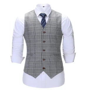 Formal Men's Suit Vest Plaid V Neck Grey Waistcoat