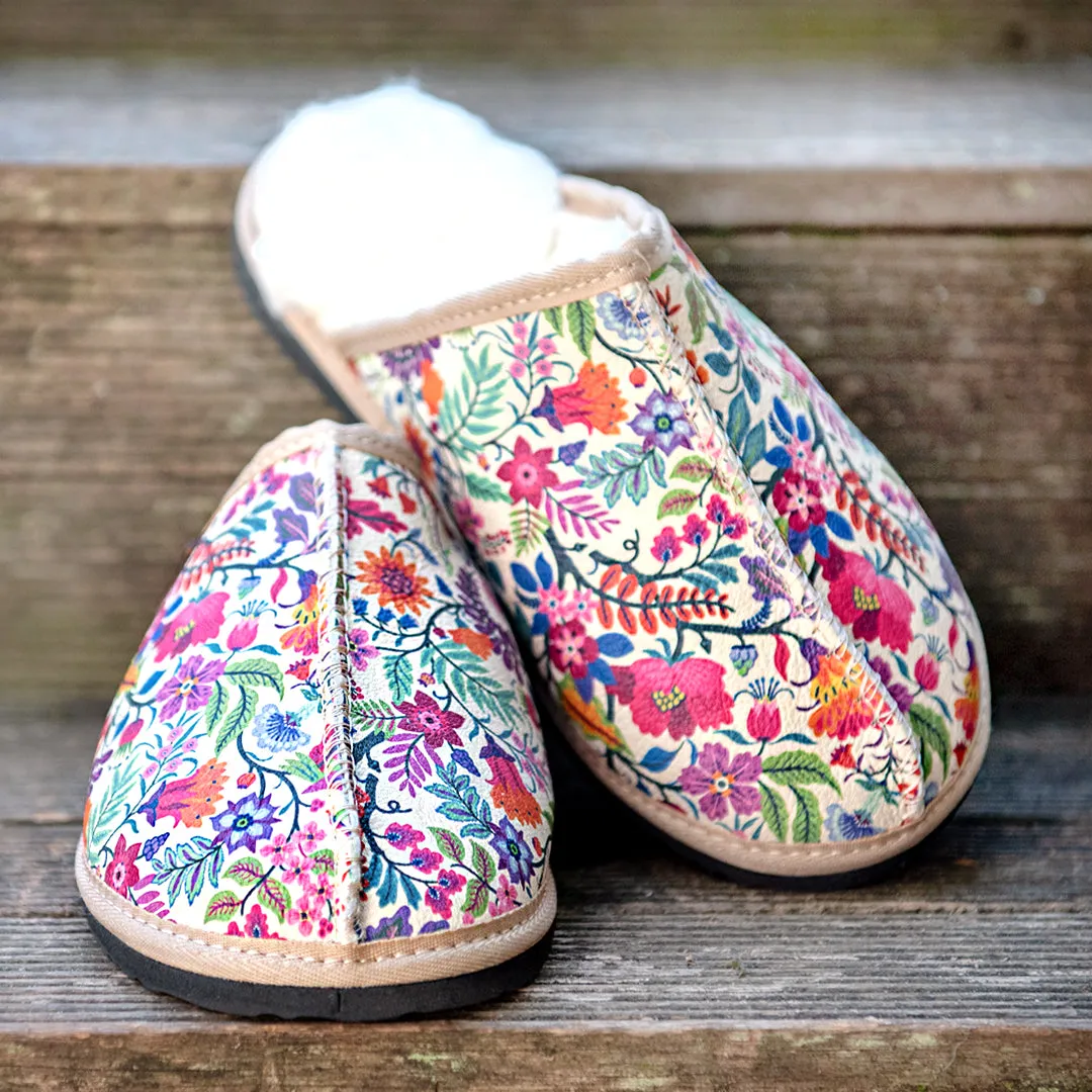 Genuine Leather Sheepskin Mule Slipper - Floral