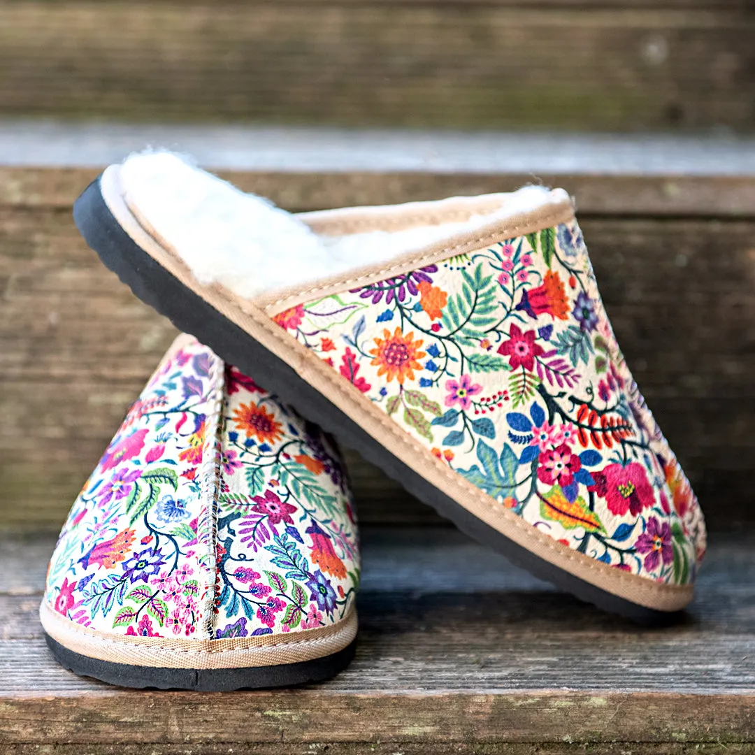 Genuine Leather Sheepskin Mule Slipper - Floral