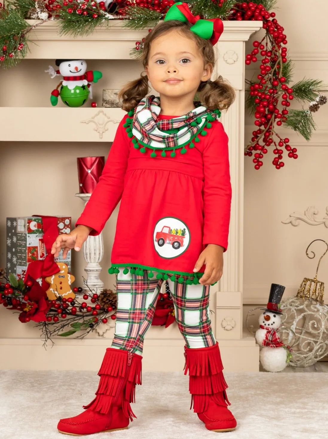 Girls Christmas Truck Tunic and Plaid Leggings and Scarf Set