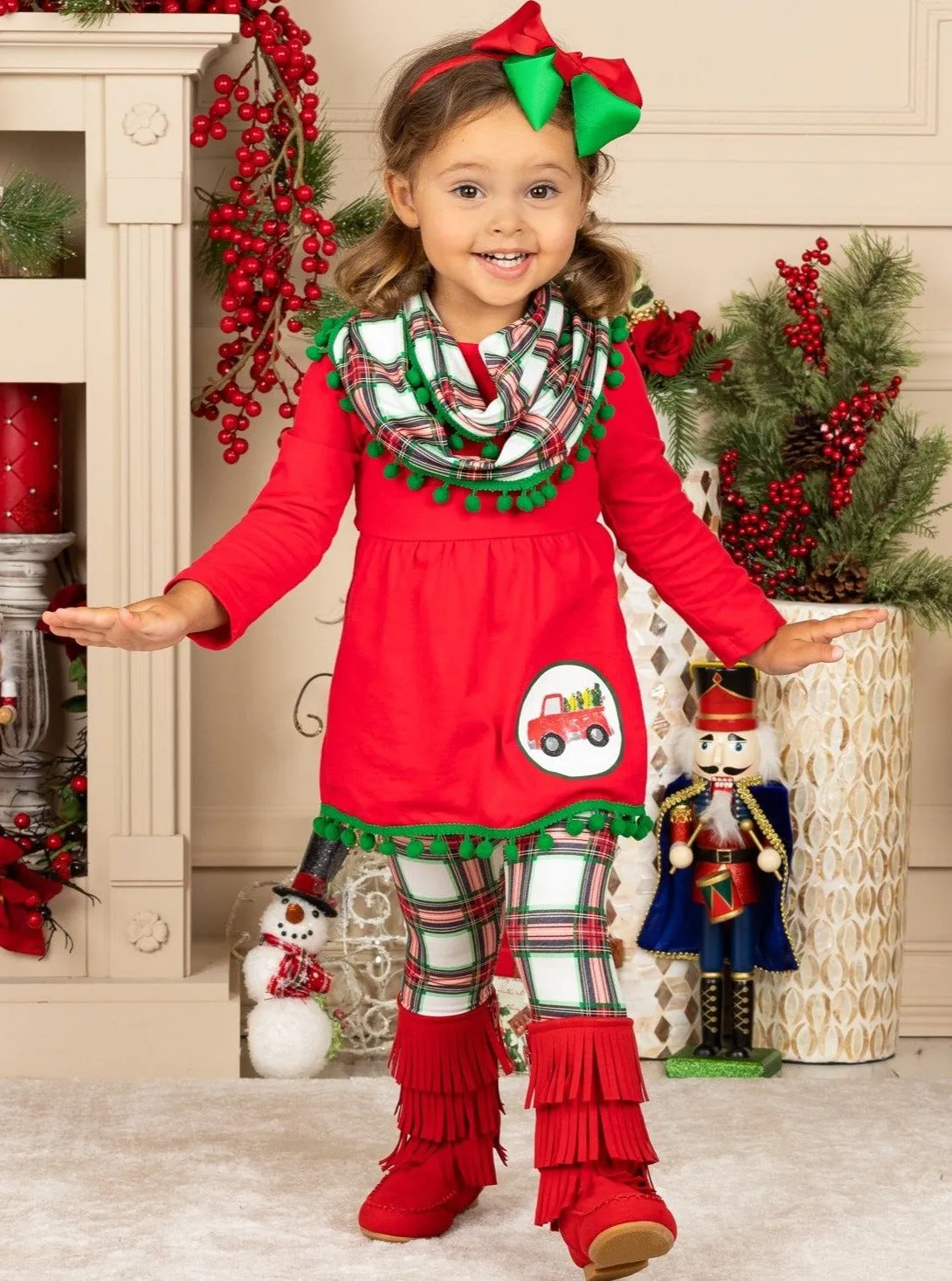 Girls Christmas Truck Tunic and Plaid Leggings and Scarf Set