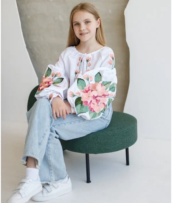 Girl's embroidered blouse with hydrangeas