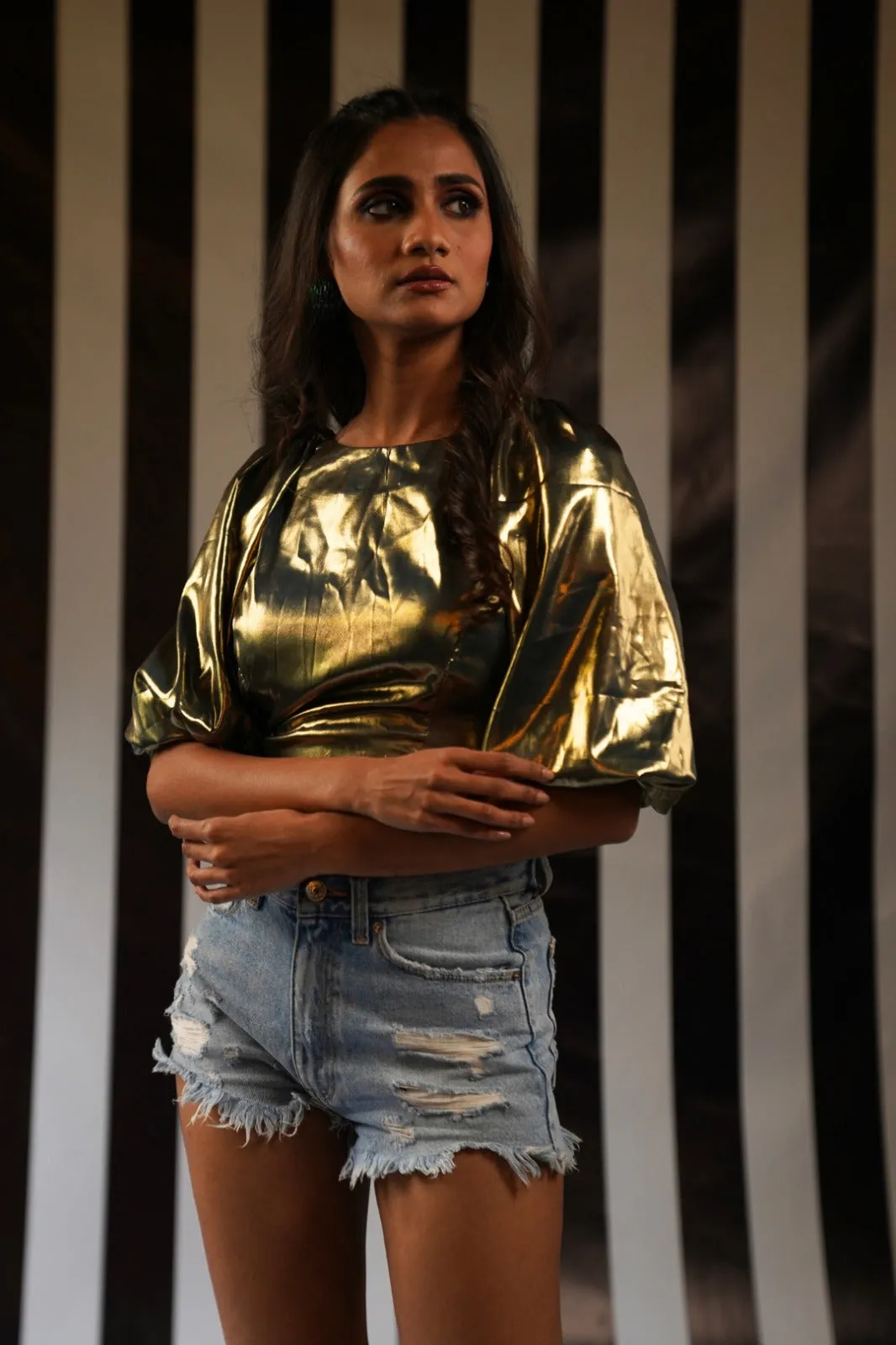 Gold Lame Bubble Sleeve Crop for Western Party Wear