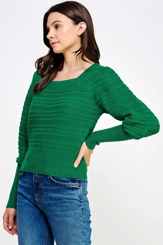 Green Square Neck Ribbed Sweater