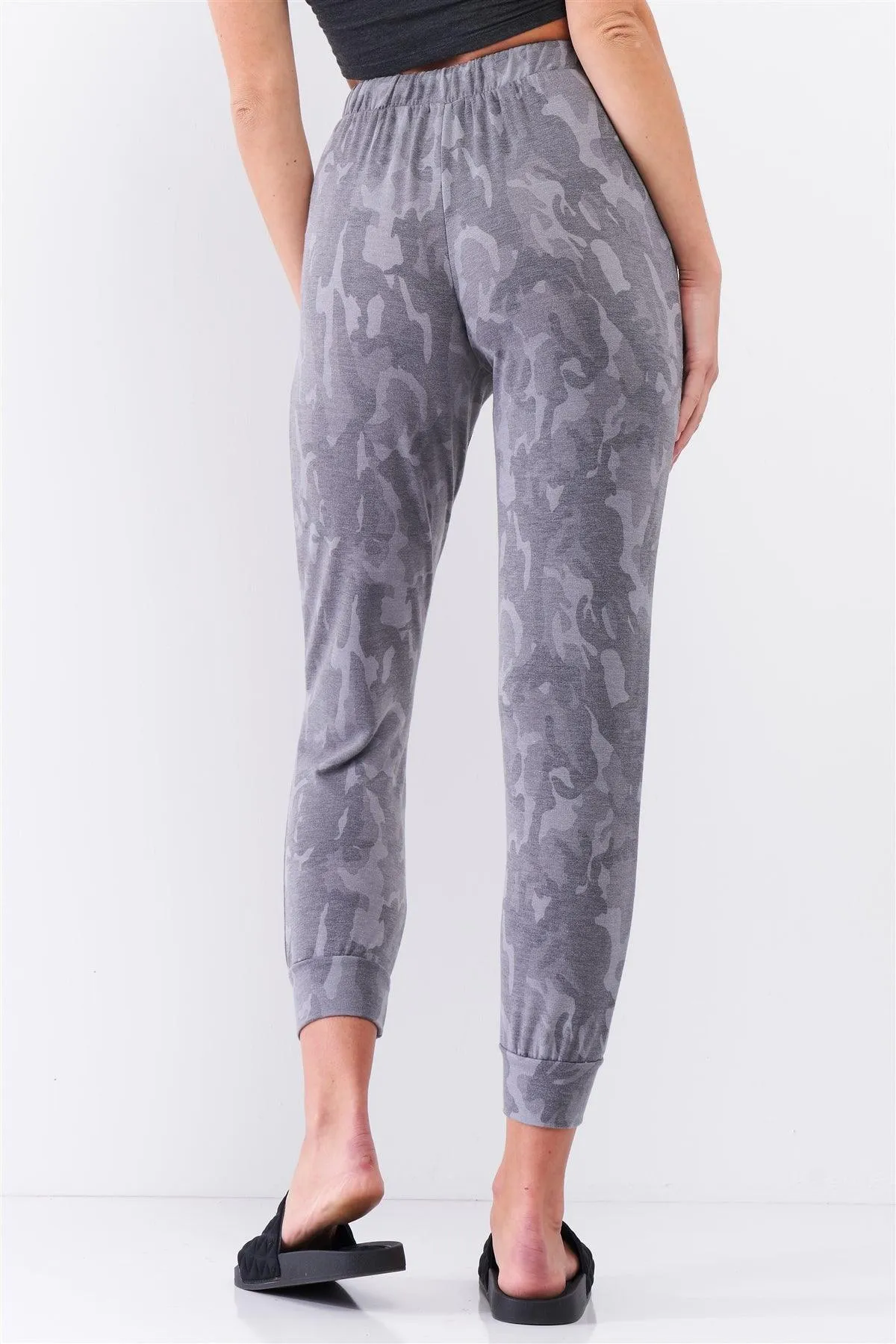 Grey Camo Print Loose Fit High-Waisted Elasticated Self-Tie Drawstring Waistline Track Pants /3-2-1