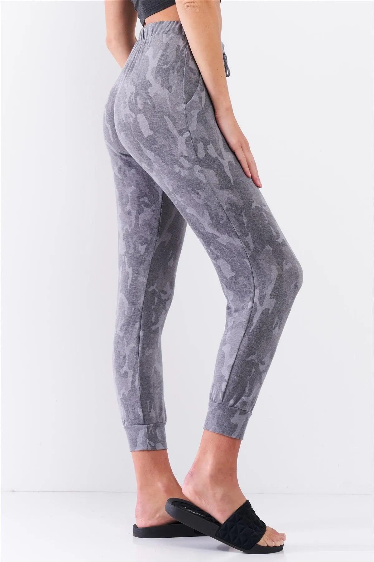 Grey Camo Print Loose Fit High-Waisted Elasticated Self-Tie Drawstring Waistline Track Pants /3-2-1