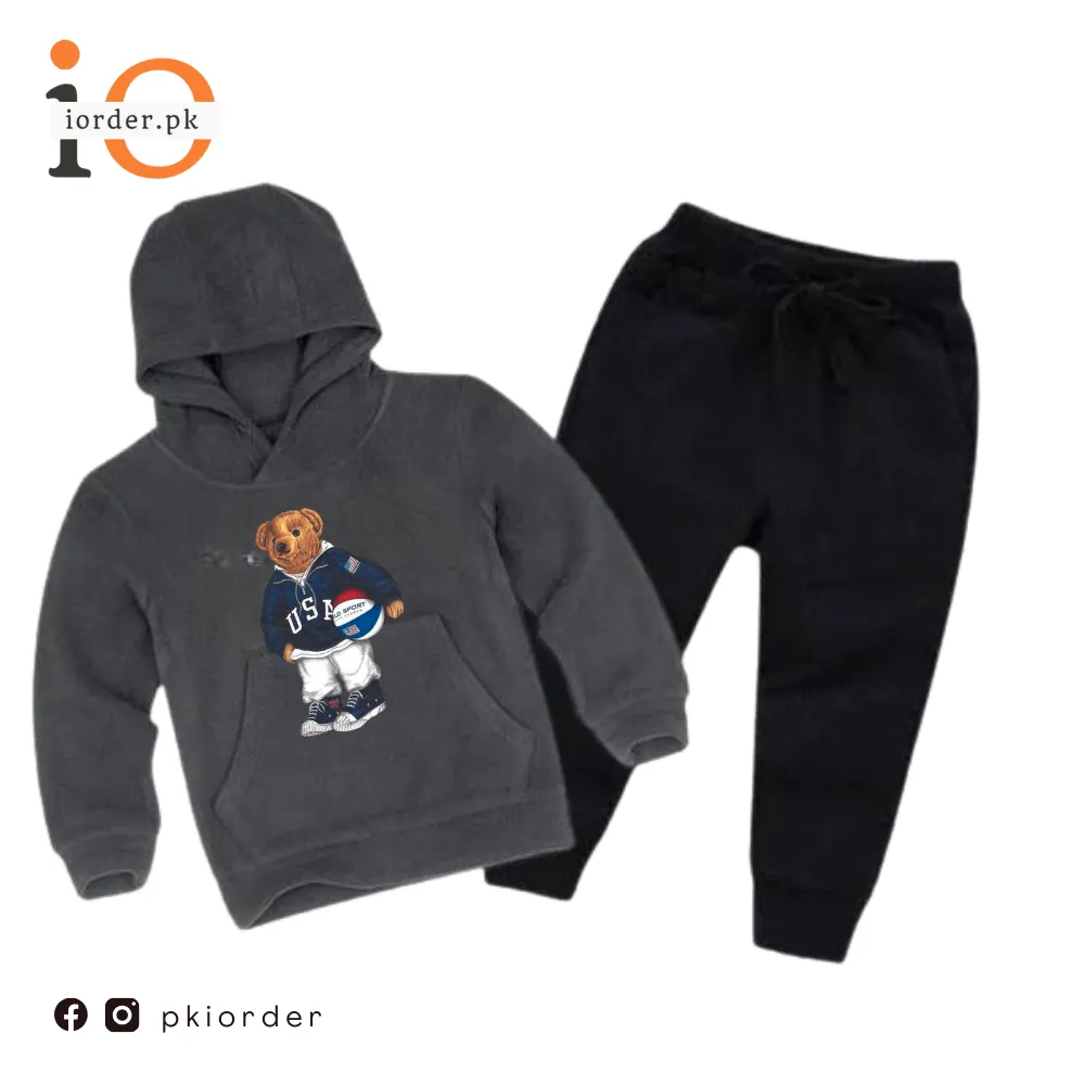 Grey Football Bear Printed Kids Hoodie Set