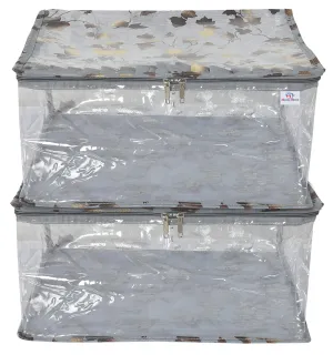 Heart Home Leaf Printed Laminated Transparent Underbed Storage Bag- Pack of 2 (Grey)-HS43HEARTH26135