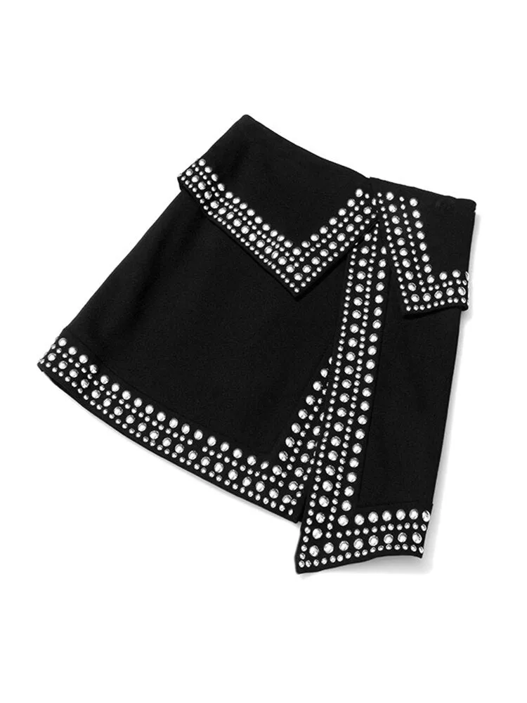 High Waist Irregular Rivet Hem Mini Skirt