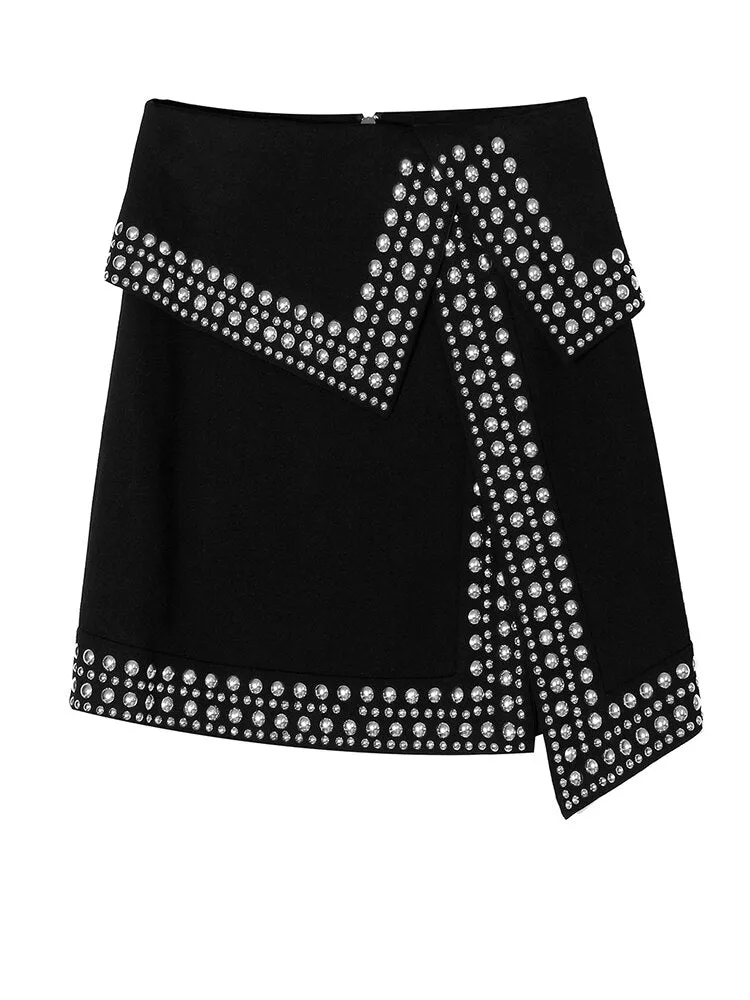 High Waist Irregular Rivet Hem Mini Skirt