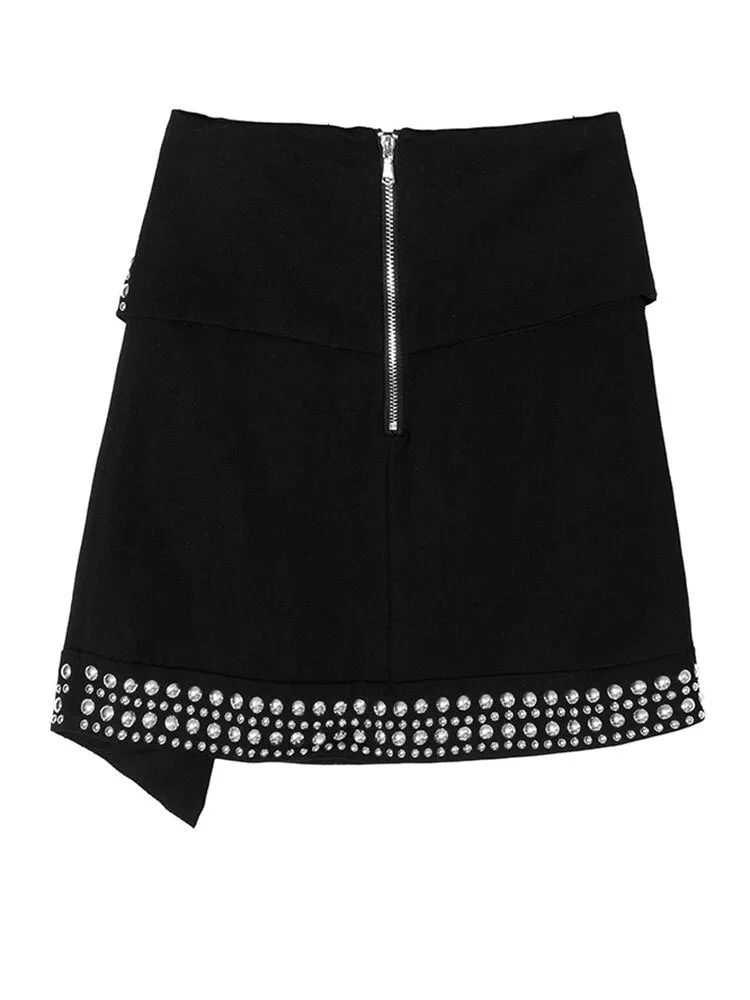 High Waist Irregular Rivet Hem Mini Skirt