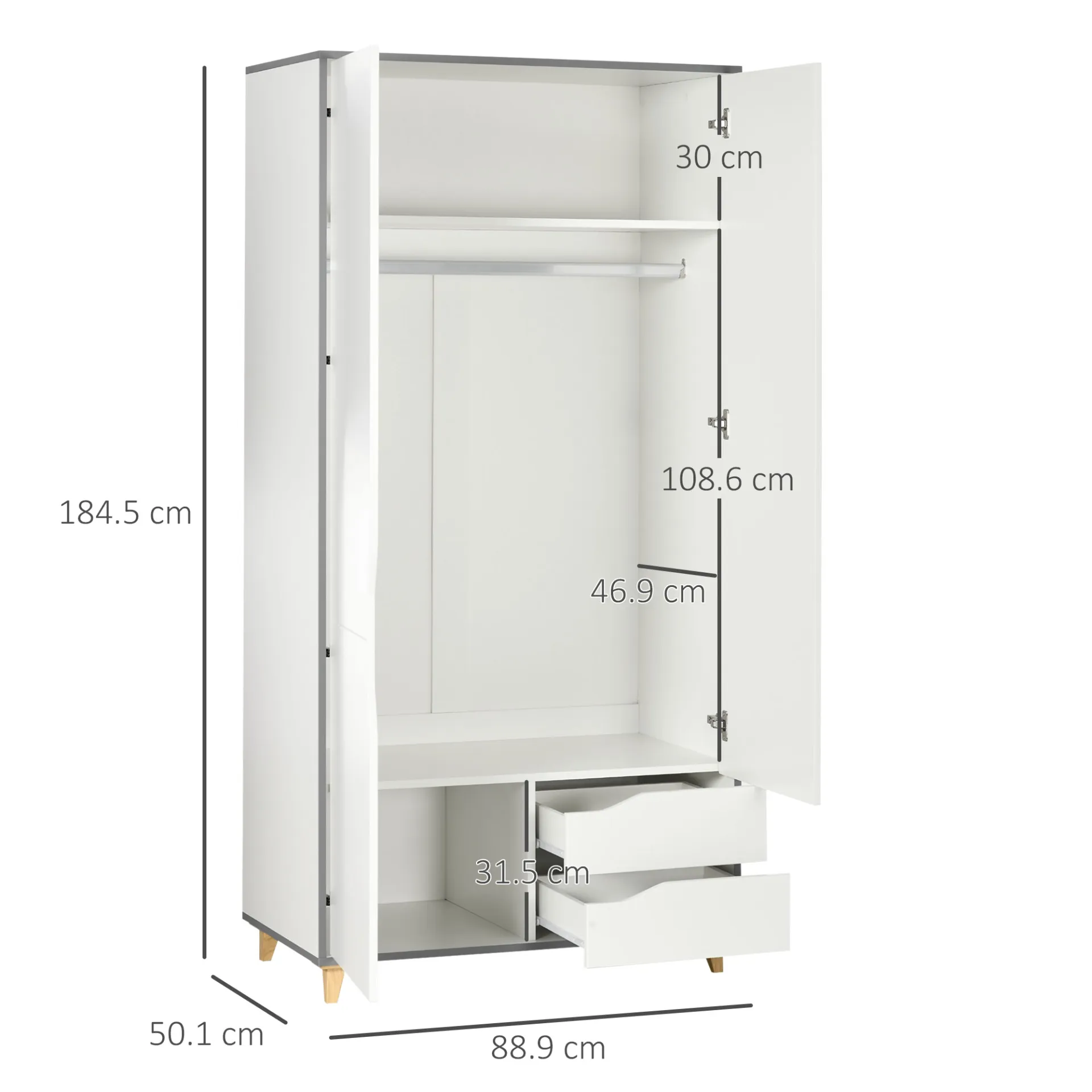 HOMCOM 2 Door Wardrobe with 2 Drawers, Hanging Rail, Shelves, Anti-tipping Design - White | Bedroom Clothes Storage Organiser