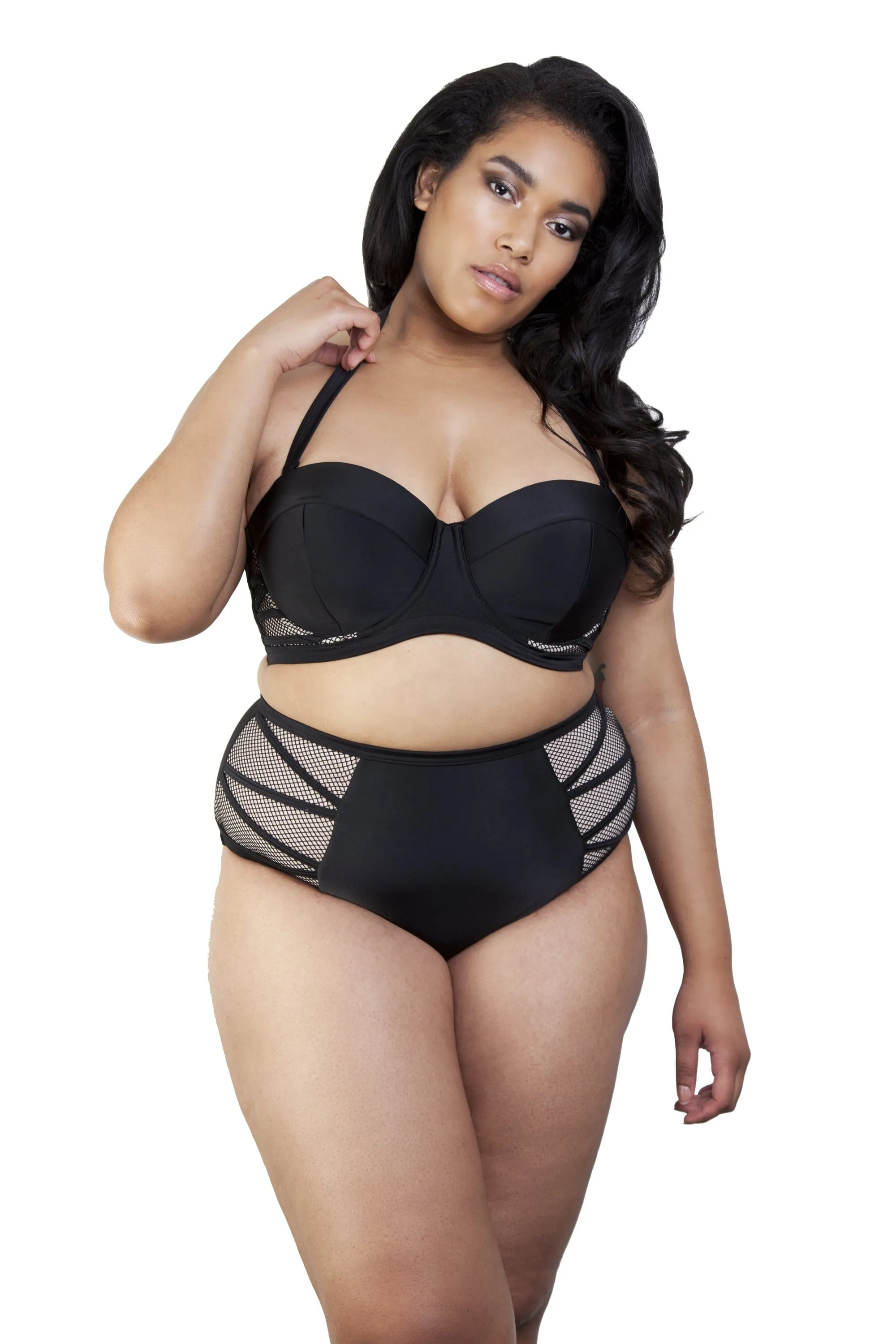 Hunter McGrady Plus Size/Curve Black Mesh Insert Bikini Top