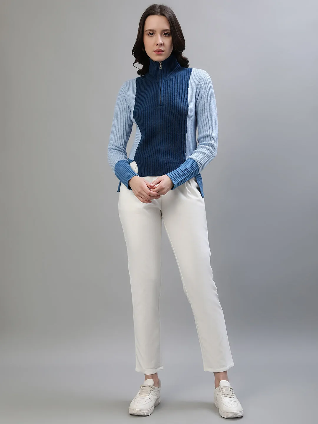 Iconic Women Blue Colorblocked High Neck Full Sleeves Sweater