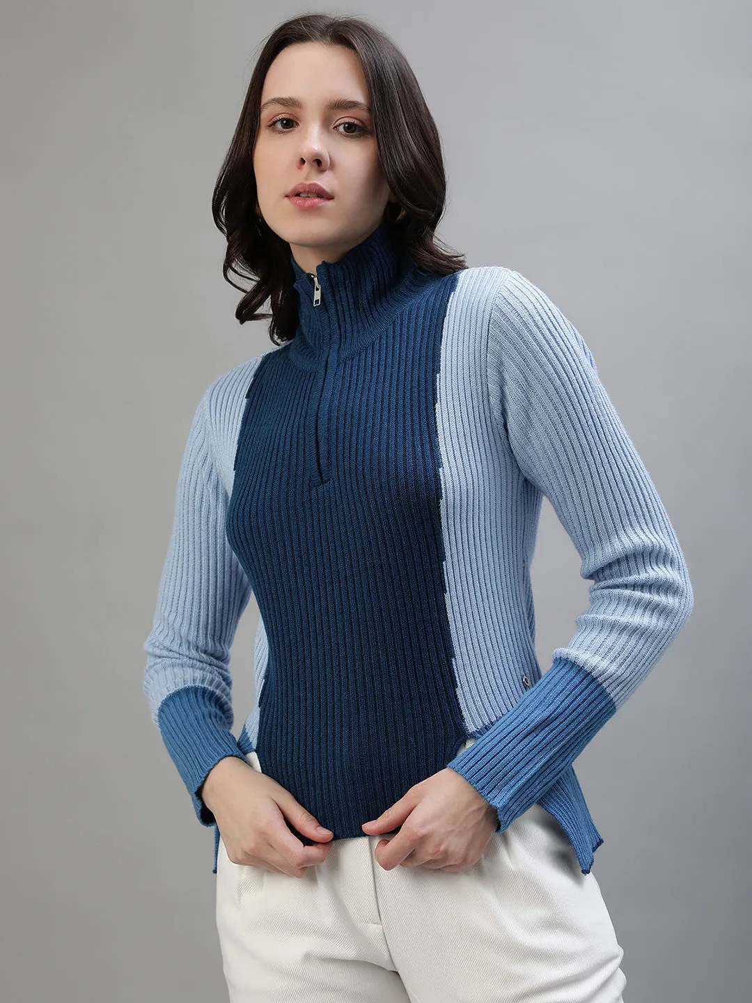 Iconic Women Blue Colorblocked High Neck Full Sleeves Sweater