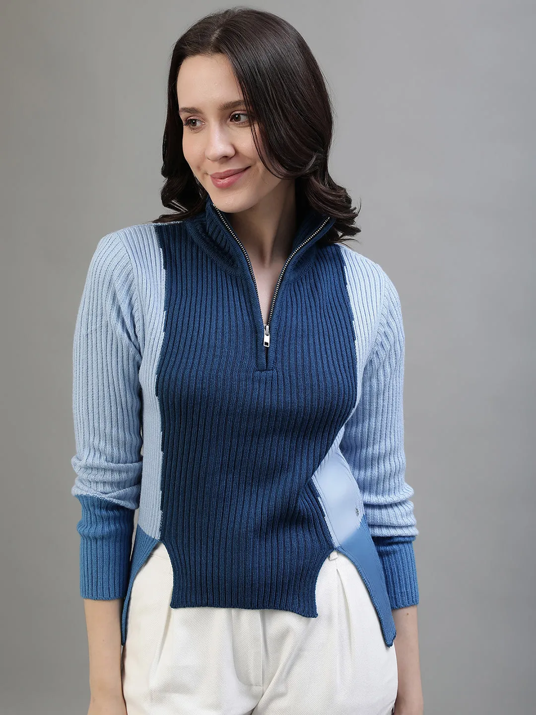 Iconic Women Blue Colorblocked High Neck Full Sleeves Sweater