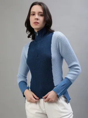 Iconic Women Blue Colorblocked High Neck Full Sleeves Sweater