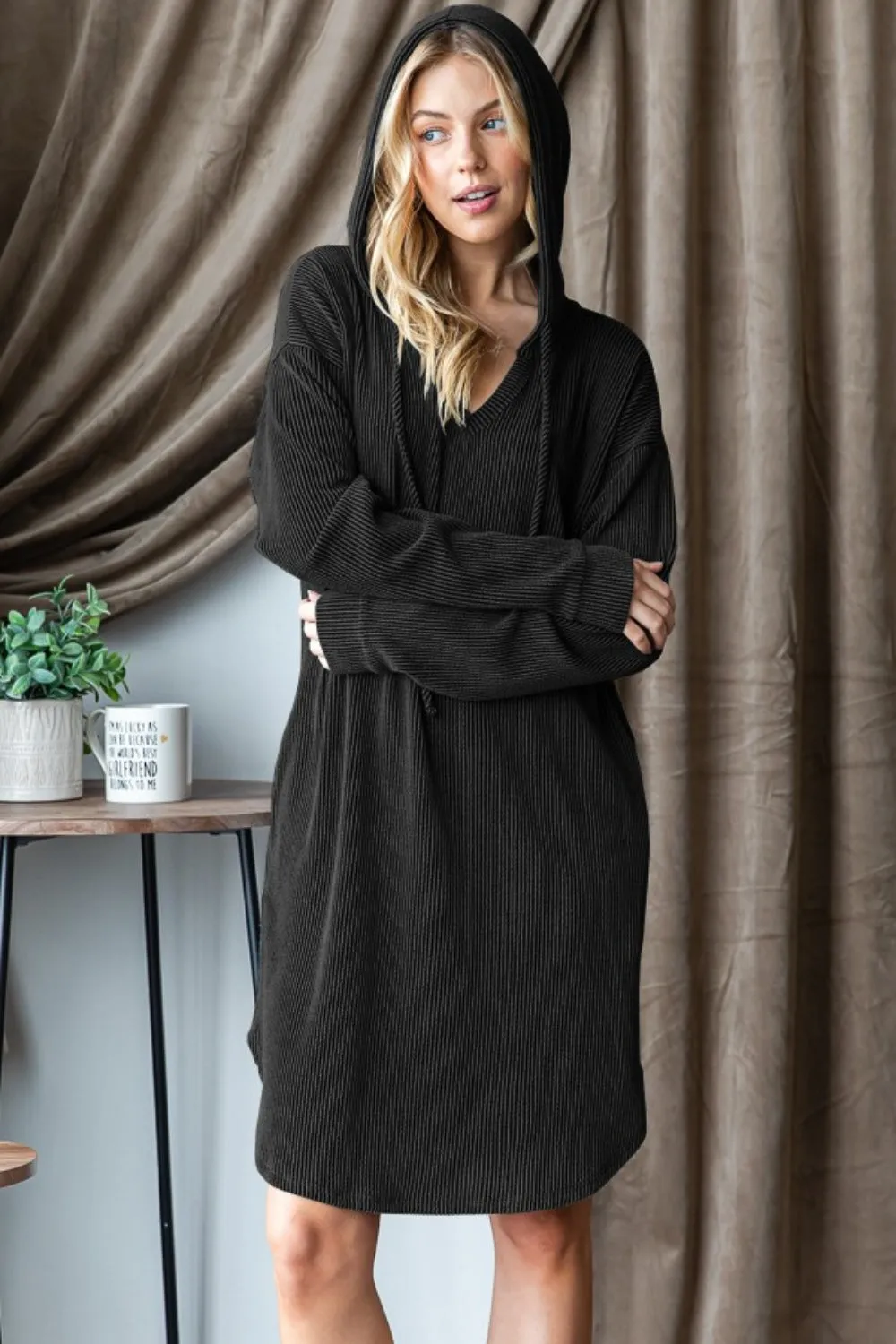 Inara Ribbed Long Sleeve Hooded Dress