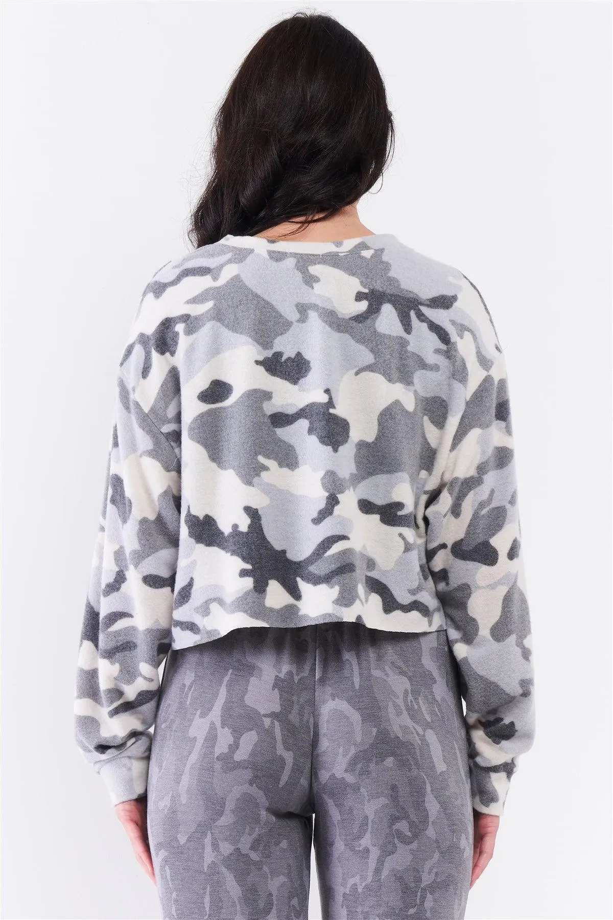 Ivory Grey Camo Fuzzy Print Loose Fit Dropped Shoulder Round Neck Long Sleeve Raw Cropped Track Top /3-2-1