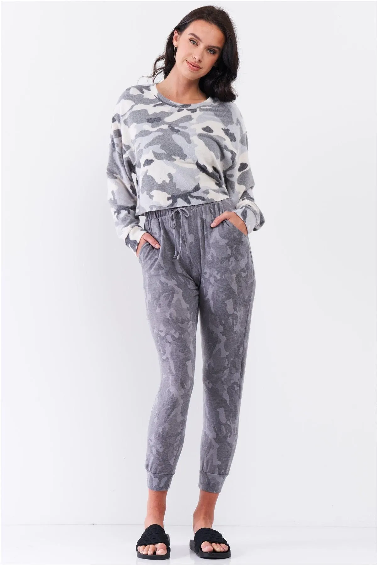 Ivory Grey Camo Fuzzy Print Loose Fit Dropped Shoulder Round Neck Long Sleeve Raw Cropped Track Top /3-2-1