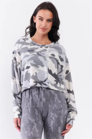 Ivory Grey Camo Fuzzy Print Loose Fit Dropped Shoulder Round Neck Long Sleeve Raw Cropped Track Top /3-2-1