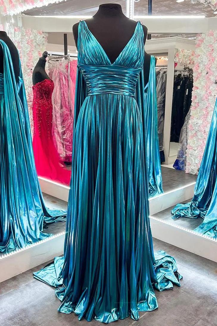 kamahe V-Neck Metallic Pleated Malachite Blue Prom Dress with Cape