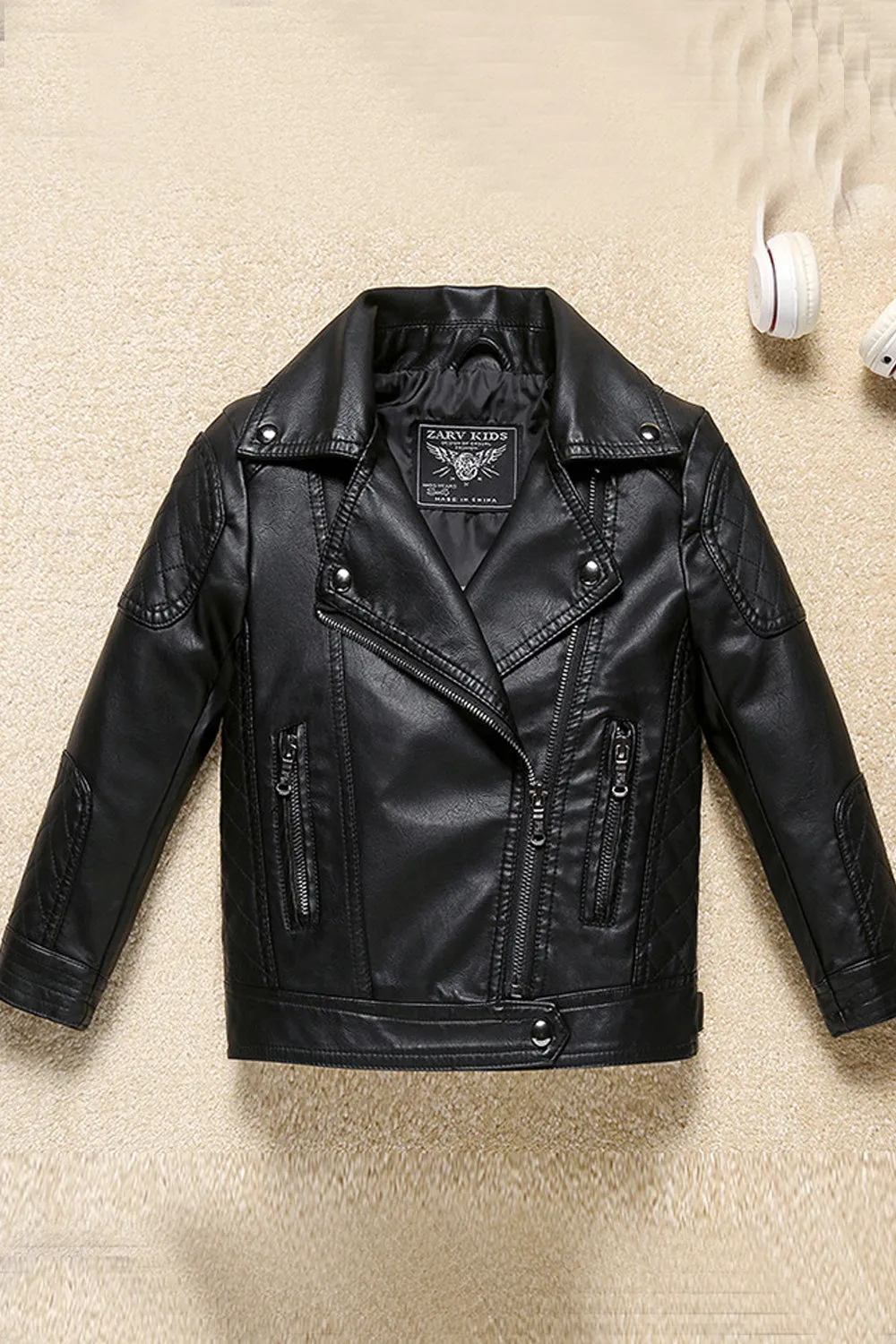 Kids Boys Cozy Collar Neck Oblique Zipper Style Long Sleeve Leather Jacket - KBLJ90283