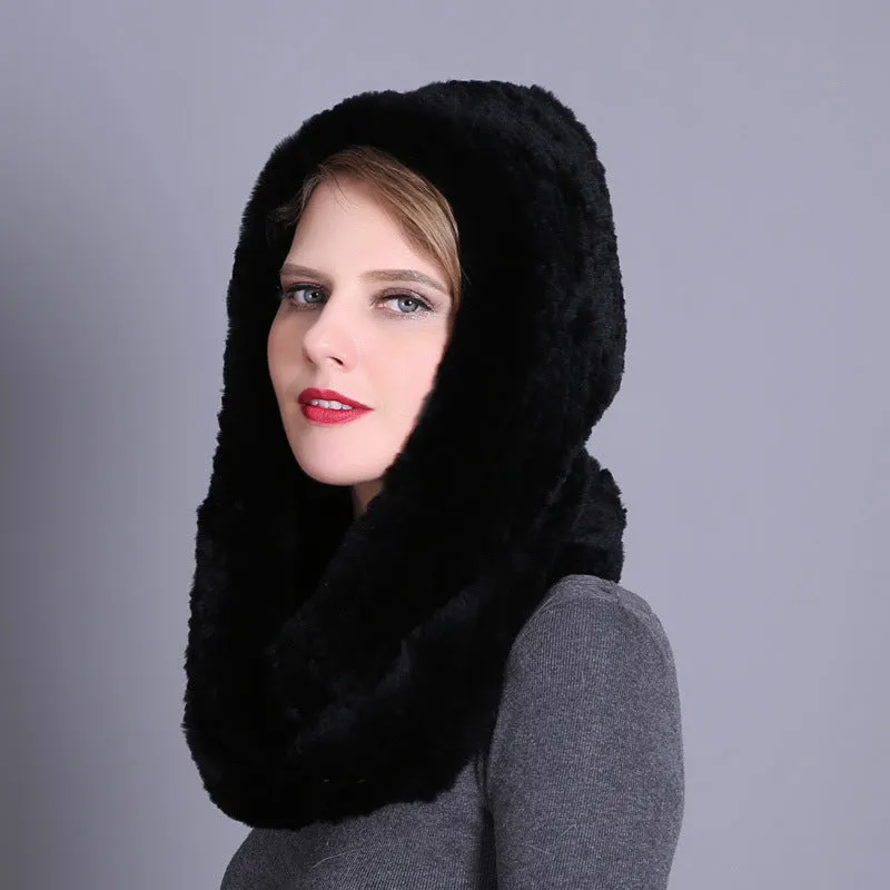 Ladies Rex Rabbit Fur Hat Scarf Toe Head Dual Purpose Hooded Snow Fashion Hat