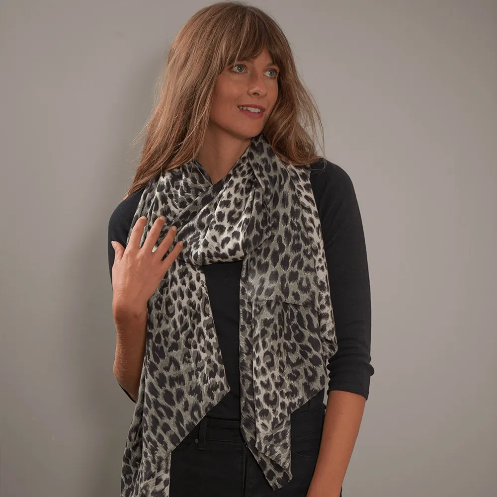 Leopard Print Cashmere & Silk Scarf & Leather Gloves Set